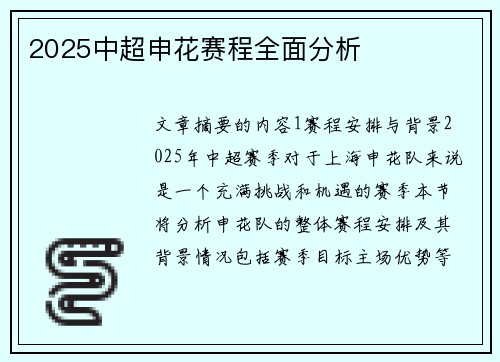 2025中超申花赛程全面分析